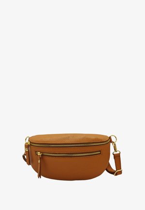 Sac banane en cuir marron avec des zips dorés, forme ovale, un compartiment principal zippé et une poche zippée à l'avant, sangle ajustable.