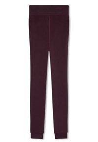 Bordowe legginsy z szerokim pasem, gładką teksturą i dopasowanym krojem. Posiadają płaskie szwy oraz prosty design bez wzorów.