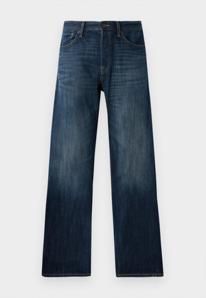 Dunkelblaue Jeans aus Denim mit geradem Bein, ausgestattet mit einer leichten Textur, Gürtelschlaufen und einem klassischen Fünf-Taschen-Stil.