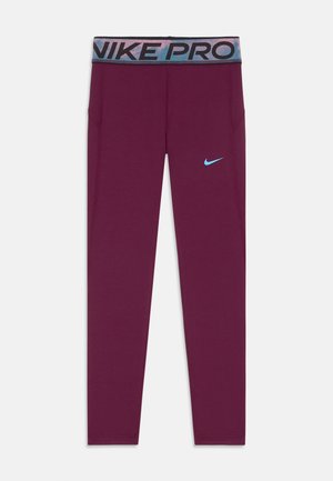 Burgunderfargede treningsleggings med et blått Nike-logo, med et mønstrete svart og blått liv og en tettsittende design.