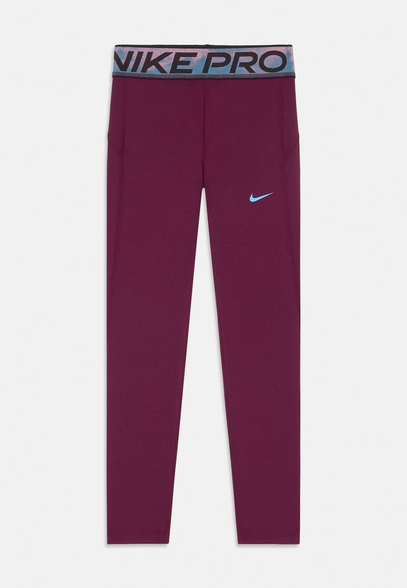 Leggings de sport bordeaux avec un logo Nike bleu, dotés d'une ceinture à motifs noir et bleu et d'un design ajusté.