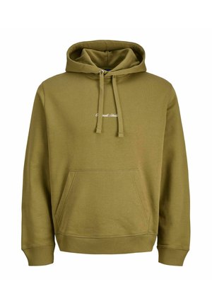 Olivgrön hoodie med dragsko, kenguruficka och ribbade ärmslut. Har en liten vit broderad logga på bröstet.