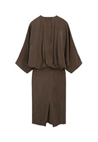 Brown long-sleeve dress with loose fit top and fitted skirt featuring a back slit, shown from the rear on a white background.