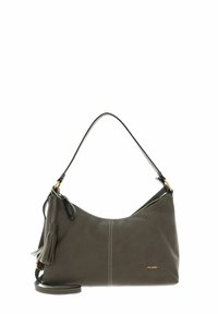Gray leather shoulder bag with a smooth texture, gold logo detail, adjustable strap, and decorative tassel accent.