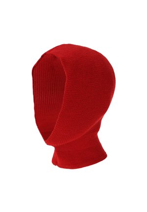 Red knitted balaclava with a smooth texture, fitted design, and seamless construction, covering the head and neck.