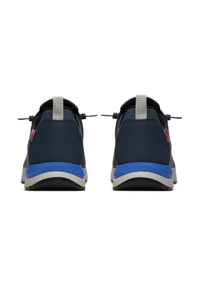 Navy blue athletic shoes with a textured upper, gray and blue sole, elastic laces, and a reflective pull tab at the heel.