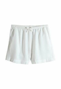 Weiße Leinen-Shorts mit einem elastischen Bund, einem Kordelzug vorne, seitlichen Taschen und einer lockeren Passform. Glatte Textur und taillierter Saum.