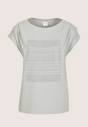 Hellgraues T-Shirt mit kurzen Ärmeln und Rundhalsausschnitt, vorne mit einem Rastermuster aus kleinen Punkten bedruckt. Weicher Stoff, lässige Passform.