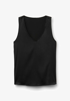 Schwarzes ärmelloses Oberteil mit V-Ausschnitt-Design. Hergestellt aus glattem, leichtem Stoff. Hat keine sichtbaren Muster oder Metalldetails.