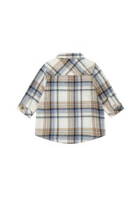 Camisa de franela a cuadros en colores azul, marrón y crema; mangas largas con puños abotonados; dobladillo curvado; detalle en el yugo posterior.