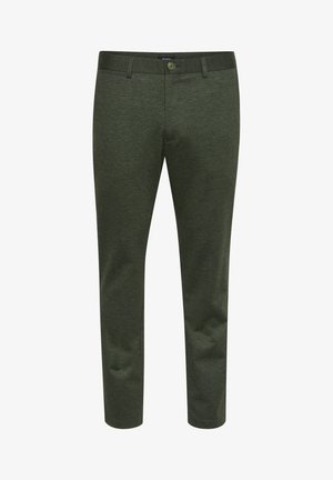 Pantaloni verdi, con texture e vestibilità slim, dotati di chiusura frontale a bottone, passanti per cintura e senza motivi visibili.