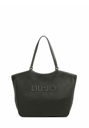 Borsa tote nera con doppie spalline e logo Liu Jo in rilievo al centro anteriore su sfondo bianco.