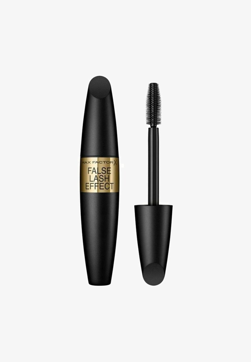 Sort mascara-rør med en rund kappe, prydet med guldtekst "MAX FACTOR X FALSE LASH EFFECT." Indholder en plastbørste med korte, fine børster.