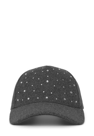 Cappello da baseball grigio con applicazioni di strass trasparenti sulla parte anteriore, dotato di visiera curva e design della corona strutturato.