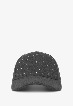 Cappello da baseball grigio con applicazioni di strass trasparenti sulla parte anteriore, dotato di visiera curva e design della corona strutturato.