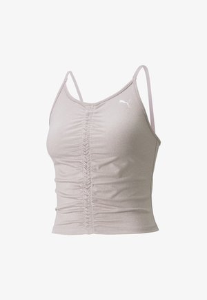 Jasnoszary sportowy top na cienkich ramiączkach, z marszczonym przodem i małym białym logo. Miękka, elastyczna tkanina o gładkim wykończeniu.