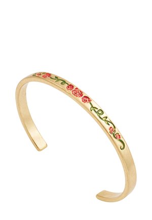 Gold metal cuff bracelet featuring embossed red roses and green vines. Smooth texture with a simple, open design.