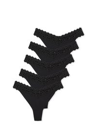 Black thong underwear set featuring a floral lace trim at the waist. Made of soft material, with a smooth texture and minimal coverage.