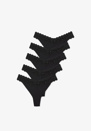 Black thong underwear set featuring a floral lace trim at the waist. Made of soft material, with a smooth texture and minimal coverage.