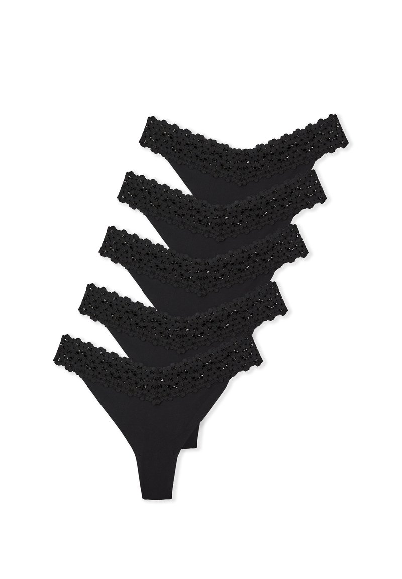 Set di perizoma nero con rifinitura in pizzo floreale in vita. Realizzato in materiale morbido, con una texture liscia e copertura minima.