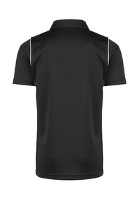Černé polo tričko s klasickým límečkem, krátkými rukávy a bílými bočními akcenty. Vyrobeno z hladkého, prodyšného materiálu s pohodlným střihem.