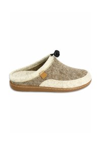 Vilt indoor slipper in bruin en crème, met een zachte bovenzijde, gebogen vorm, contrasterende zool en een zwarte toggle voor een verstelbare pasvorm.
