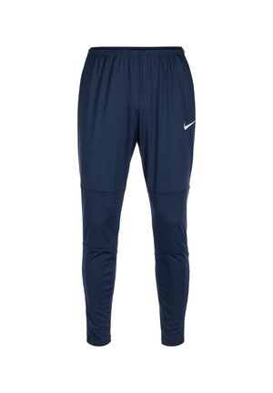Marineblaue Sporthose mit zulaufenden Beinen und elastischem Bund, mit kleinem weißem Nike-Logo am oberen linken Oberschenkel.