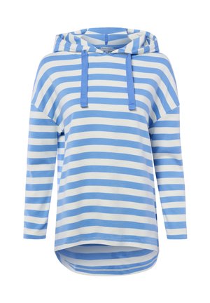 Langärmliges Kapuzenhemd mit blauen und weißen horizontalen Streifen und verstellbaren blauen Kordeln.