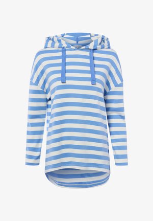 Bluza z długim rękawem i kapturem w poziome niebiesko-białe paski, z regulowanymi niebieskimi troczkami.