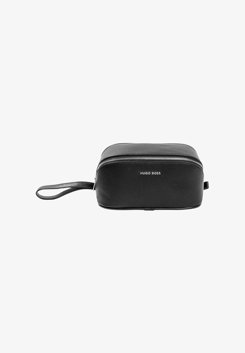 Black leather toiletry bag with a textured surface, zip closure, and a side handle. Features embossed "HUGO BOSS" logo on the front.