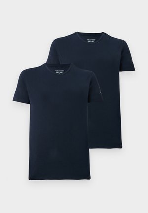 Tamnorje modre bombažne majice, kratki rokavi, okrogla ovratnica, brez oznak, paket dveh, gladka tekstura, minimalno blagovno oznako na rokavih.