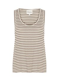 Stribet tanktop i beige og hvid, lavet af blødt stof. Har en rund halsudskæring og ærmeløs design med en afslappet pasform.