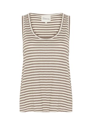 Prugasta majica bez rukava u bež i bijeloj boji, izrađena od mekanog materijala. Ima okrugli izrez i ležeran kroj.