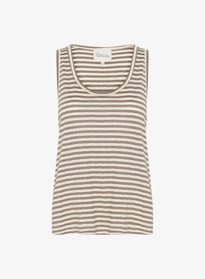 Prugasta majica bez rukava u bež i bijeloj boji, izrađena od mekanog materijala. Ima okrugli izrez i ležeran kroj.