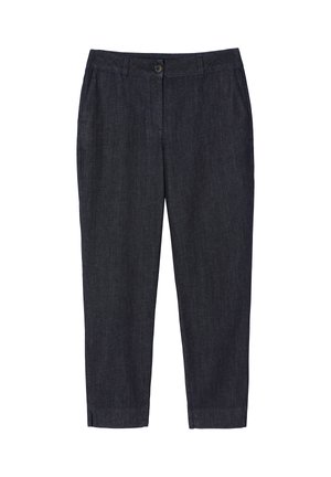 Donkerdenim broeken met een recht gesneden pijp, met knoopsluiting, riemlussen en een subtiele textuur. Enkel lengte met zijzakken.