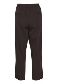 Pantalon noir droit avec ceinture élastique et deux poches fendues à l’arrière, vu de dos.