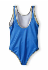 Maillot de bain une pièce bleu côtelé avec des accents dorés le long de l'encolure et des emmanchures, doté d'une doublure intérieure lisse.