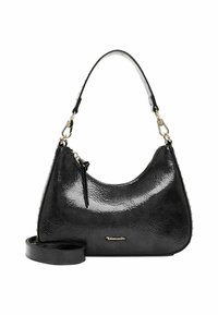 Zwarte neplederen handtas met een gebogen vorm, glanzende textuur en een afneembare schouderriem. Voorzien van goudkleurige hardware en branding.