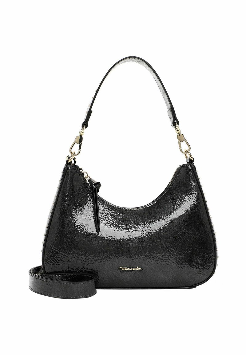 Zwarte neplederen handtas met een gebogen vorm, glanzende textuur en een afneembare schouderriem. Voorzien van goudkleurige hardware en branding.