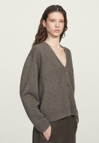 Hnědý pletený cardigan s výstřihem do V, zapínáním na knoflíky a žebrovaným lemem. Design zahrnuje spadená ramena a strukturovaný povrch.