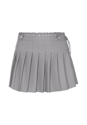 Fustă mini plisată gri cu talie cu șireturi din ochiuri și detalii cu nasturi pe un fundal simplu.