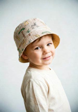 Smiling young child wearing a beige shirt and animal-print bucket hat, facing slightly sideways against a plain light background.