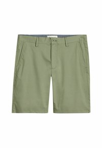 Olivengrønne shorts lavet af glat stof, med knaplukning, forlommer og en lige pasform. Ingen synlige mønstre eller accenter.