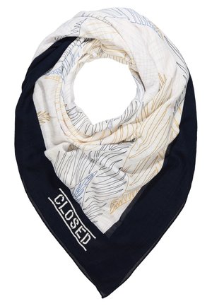 Écharpe triangulaire blanche et marine avec des motifs abstraits de feuilles et "CLOSED" brodé sur la bordure marine.