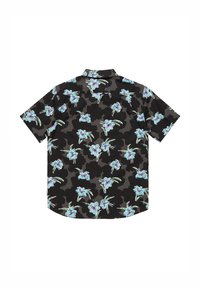 Cămașă neagră cu mânecă scurtă, având un imprimeu floral în nuanțe de albastru și alb, pe un fundal de tip camouflage și un design cu hem curbat.