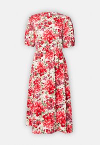 Kukallinen midi-mekko valkoisena, jossa punaisia ja vihreitä kukkia, pyöreä pääntie, puffihihat, joustava vyötärö ja kerätty hame.