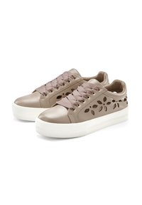 Light brown leather sneakers with floral cutouts, padded tongue, and flat laces, featuring a white rubber sole and gold hardware accents.