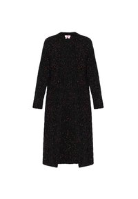 Cardigan lungo nero realizzato in tessuto testurizzato con macchie colorate. Presenta maniche lunghe e un design aperto sul davanti.