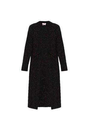 Cardigan lungo nero realizzato in tessuto testurizzato con macchie colorate. Presenta maniche lunghe e un design aperto sul davanti.