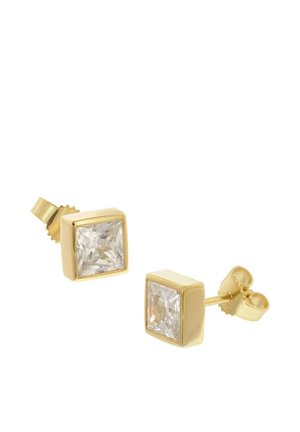 Gold stud earrings with clear, square-cut gemstones set in a simple bezel setting and butterfly back closures.